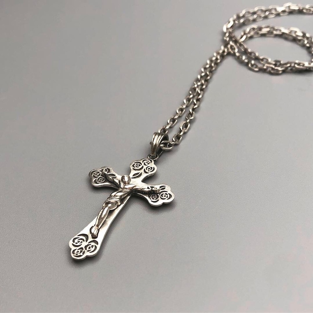 Rose Rosario Cross Silver Necklace
